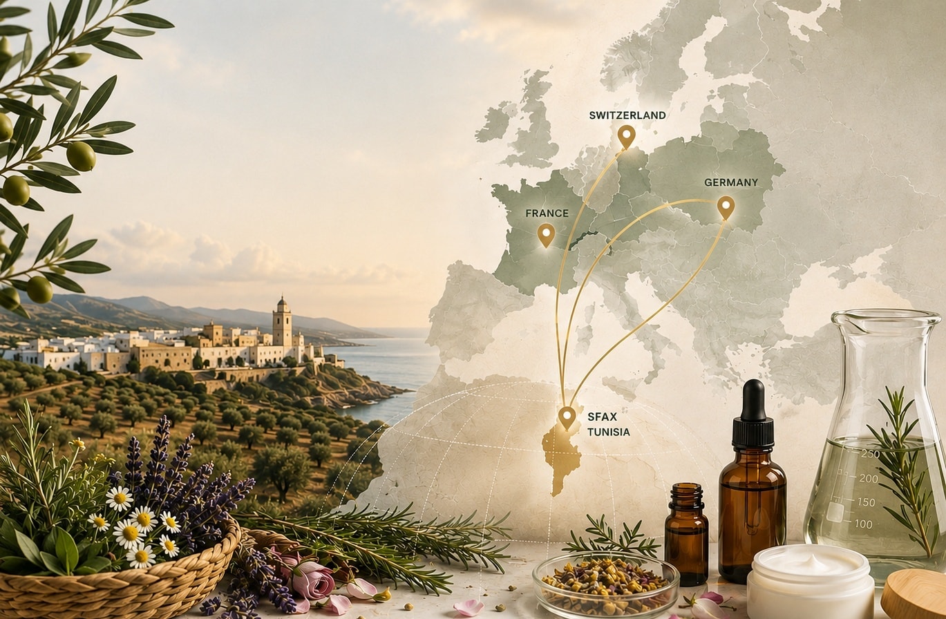 Map connecting Sfax, Tunisia with cosmetic and natural-ingredient markets in Switzerland, France and Germany, framed by Mediterranean botanicals and laboratory glassware