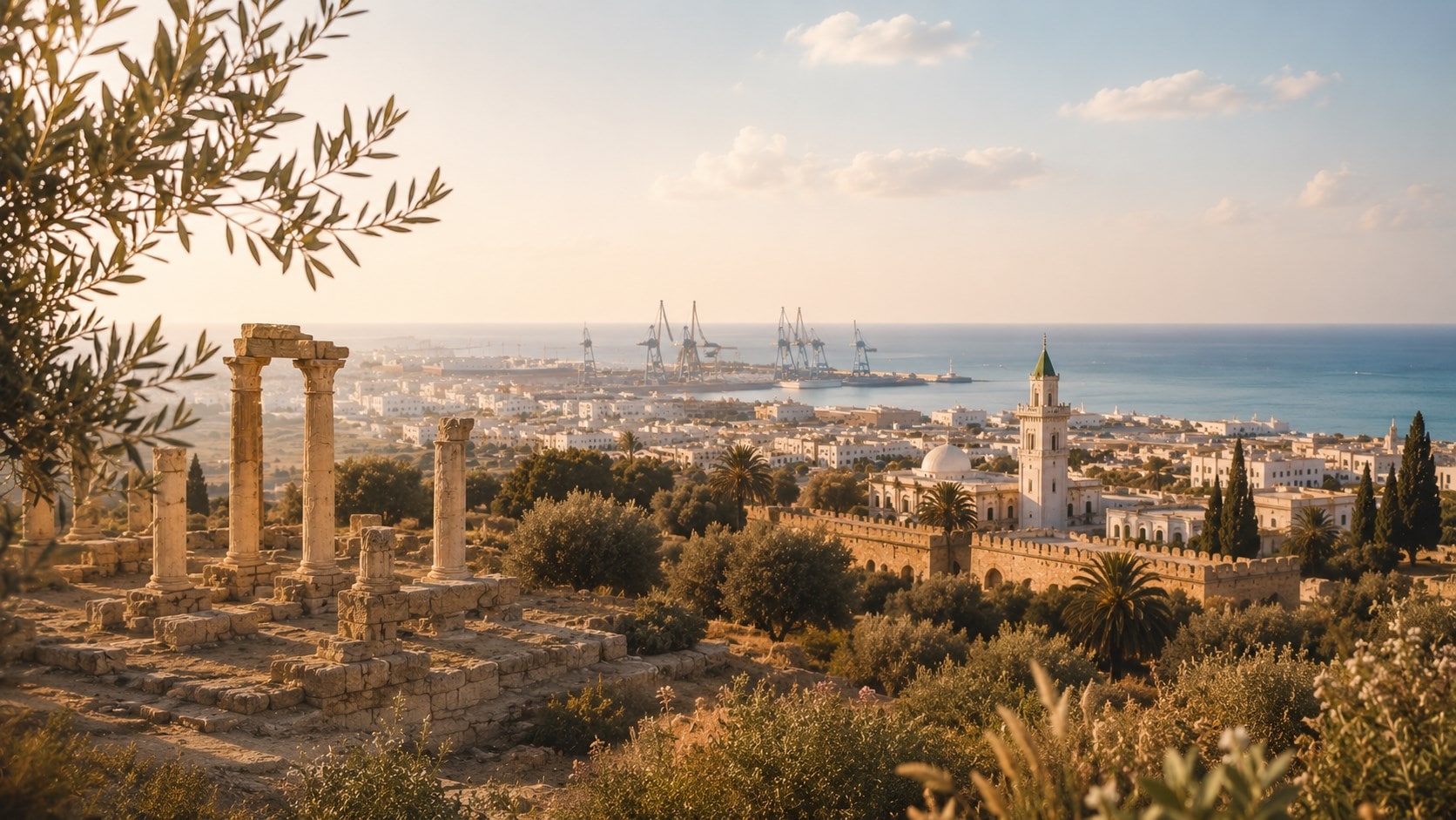 The Sfax skyline and the ancient Roman ruins of Thaenae near MediPlanta